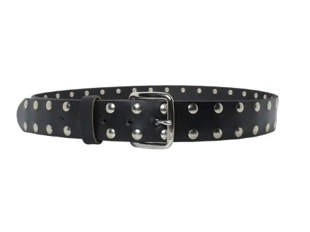 2 Row Flat Studded Black Leather Belt on Sale