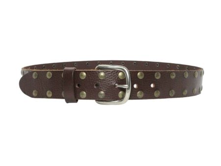 2 Row Flat Studded Brown Leather Belt For Sale